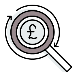 Graphic of a magnifying glass. Inside the glass is a £ sign. 