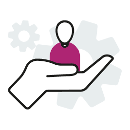 An icon of a hand holding a person. Behind the person are some cogs. 